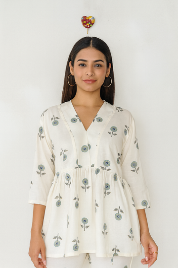 Women’s Cotton Striped Peplum Top with Square Neck & Short Sleeves – Off White