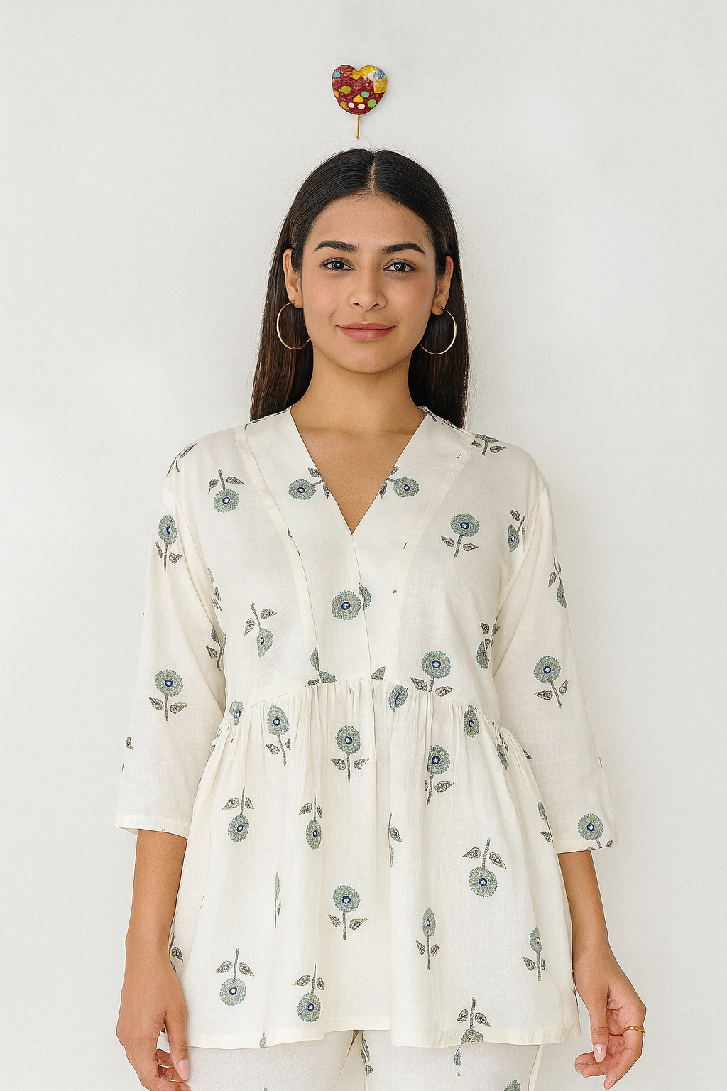 Women’s Cotton Striped Peplum Top with Square Neck & Short Sleeves – Off White